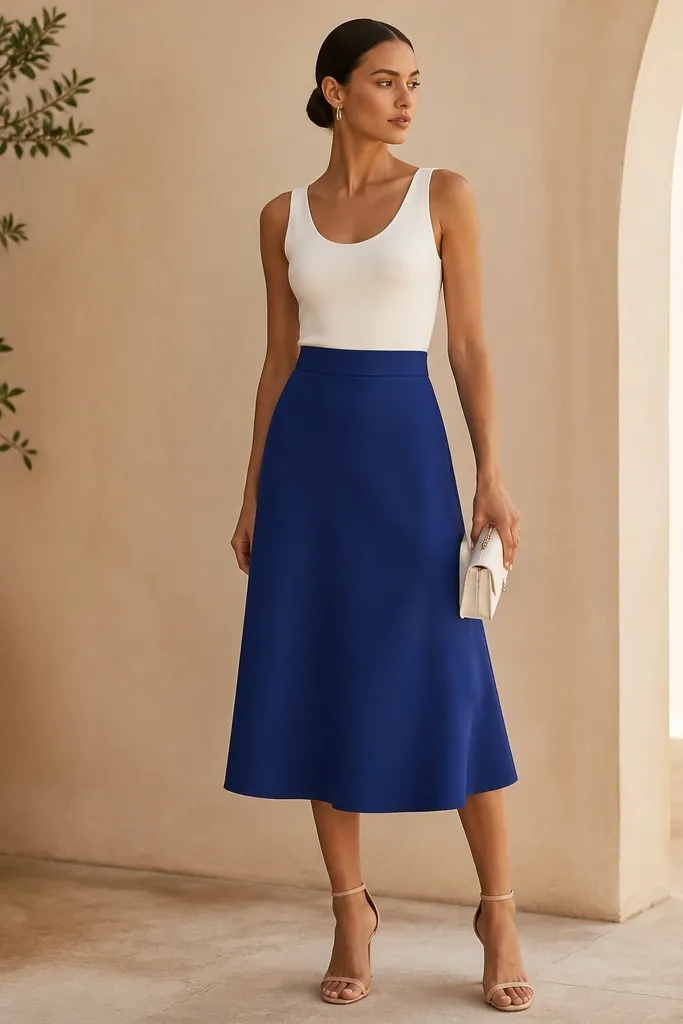 A white tank tucked into a cobalt blue midi skirt with a slight A-line shape, nude strappy heels, and a small white clutch. Hair pulled back, simple earrings.