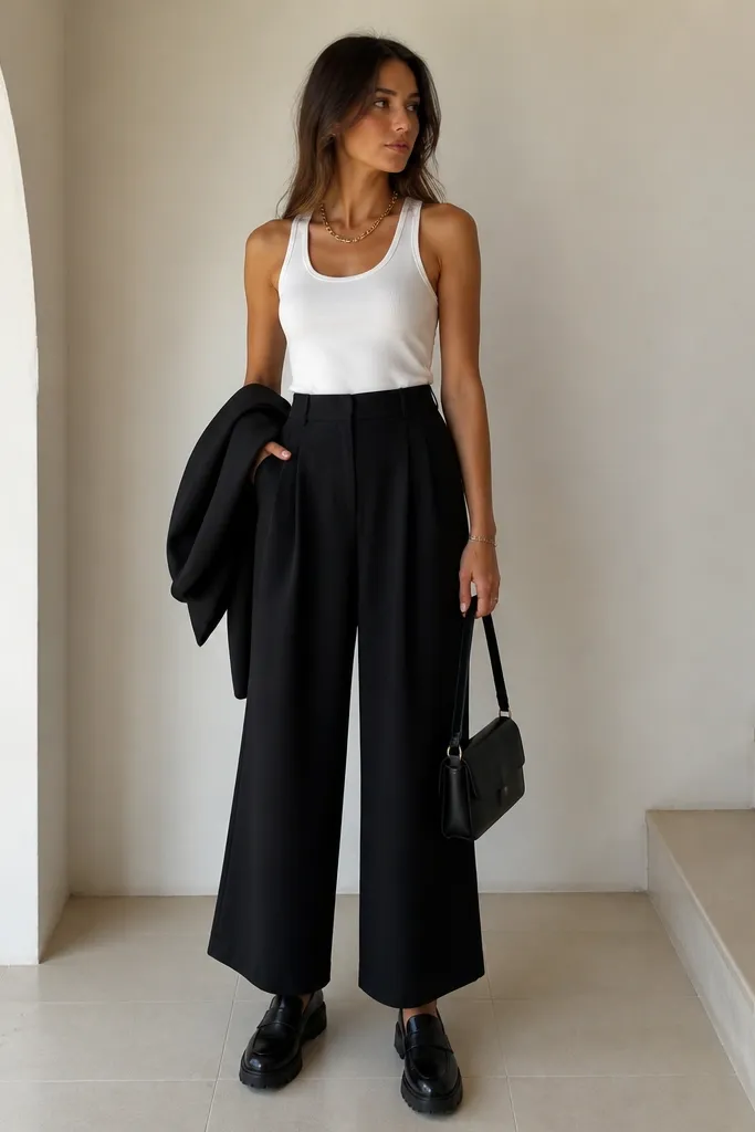 A white tank tucked into black culottes with a wide leg, chunky black loafers, and a cropped black blazer draped over the arm. Gold necklace and small tote.