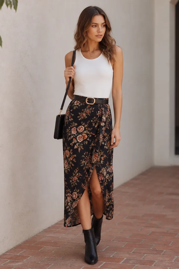 A white tank tucked into a wrap-style floral skirt with a darker base, black ankle boots, and a black belt at the waist. Small shoulder bag.