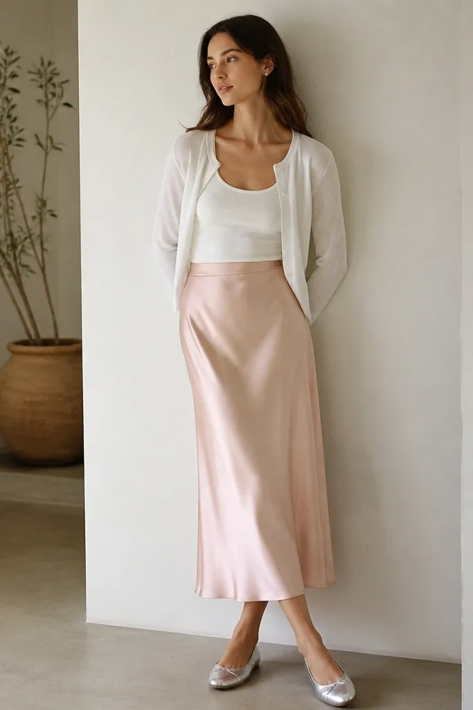 A white tank tucked into a blush satin midi skirt, silver ballet flats, and a lightweight white cardigan. Hair is glossy, earrings are small silver studs.