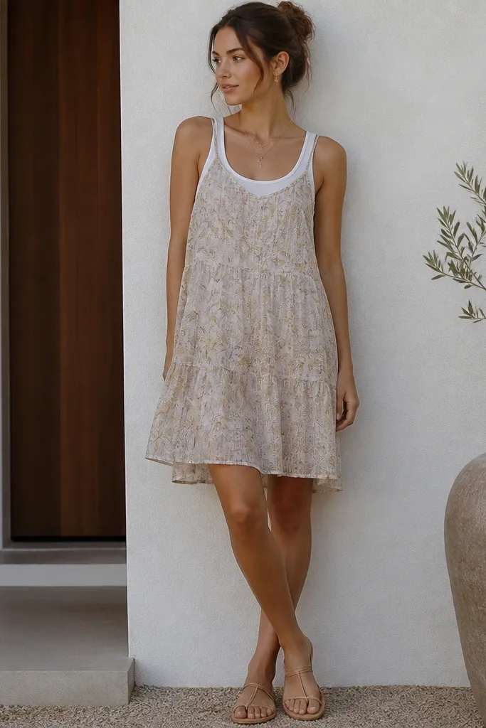 A white tank worn under a sheer-ish strappy sundress, with the dress hem hovering above the knees and sandals. The tank straps align with the dress straps.