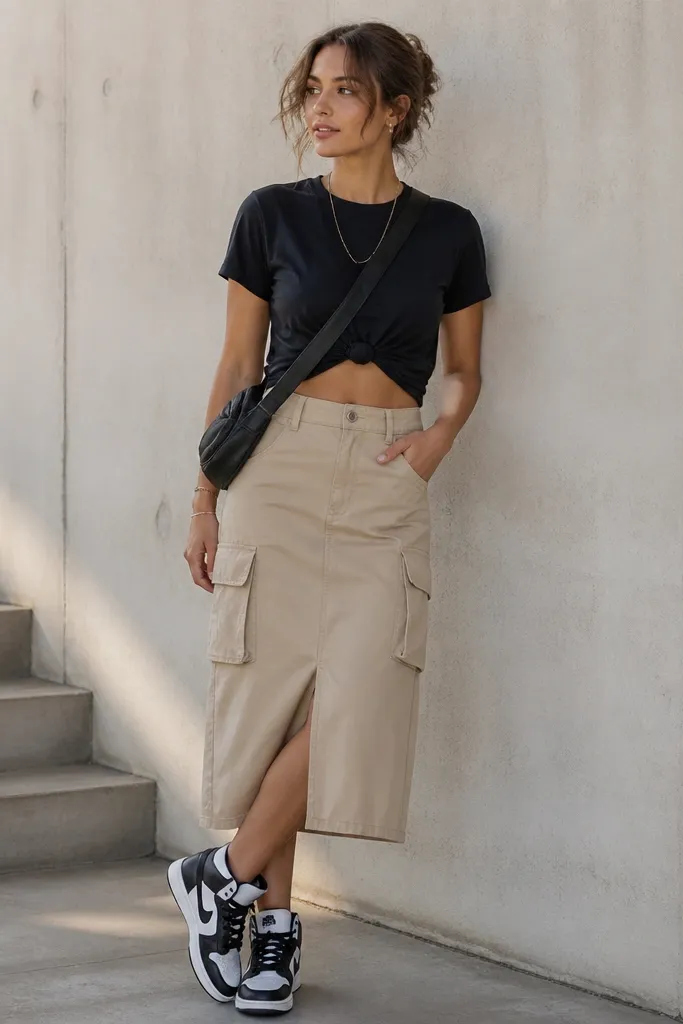 A beige cargo skirt worn with a black cropped T-shirt and white-and-black high-top sneakers; the look is casual with a slight front tuck and a crossbody bag.