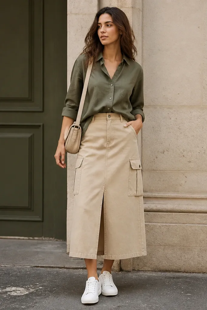 An olive button-up shirt half-tucked into a beige cargo skirt, with white sneakers and a neutral crossbody bag; the pockets on the skirt are clearly visible.