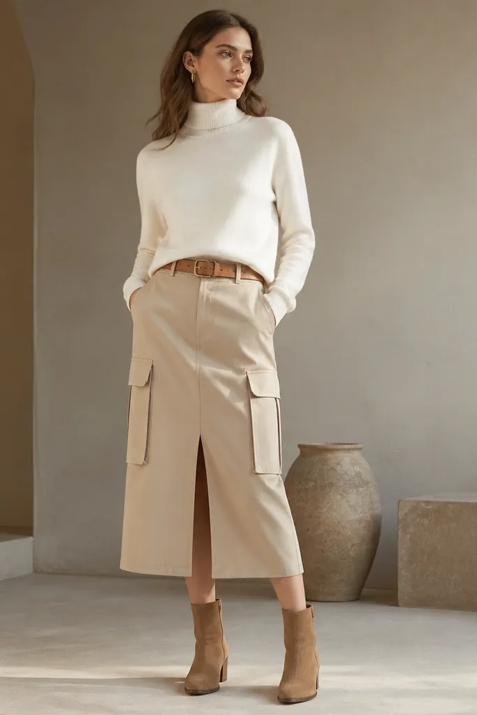 A cream turtleneck sweater tucked into a beige cargo skirt with a visible tan leather belt; the outfit is paired with ankle boots.