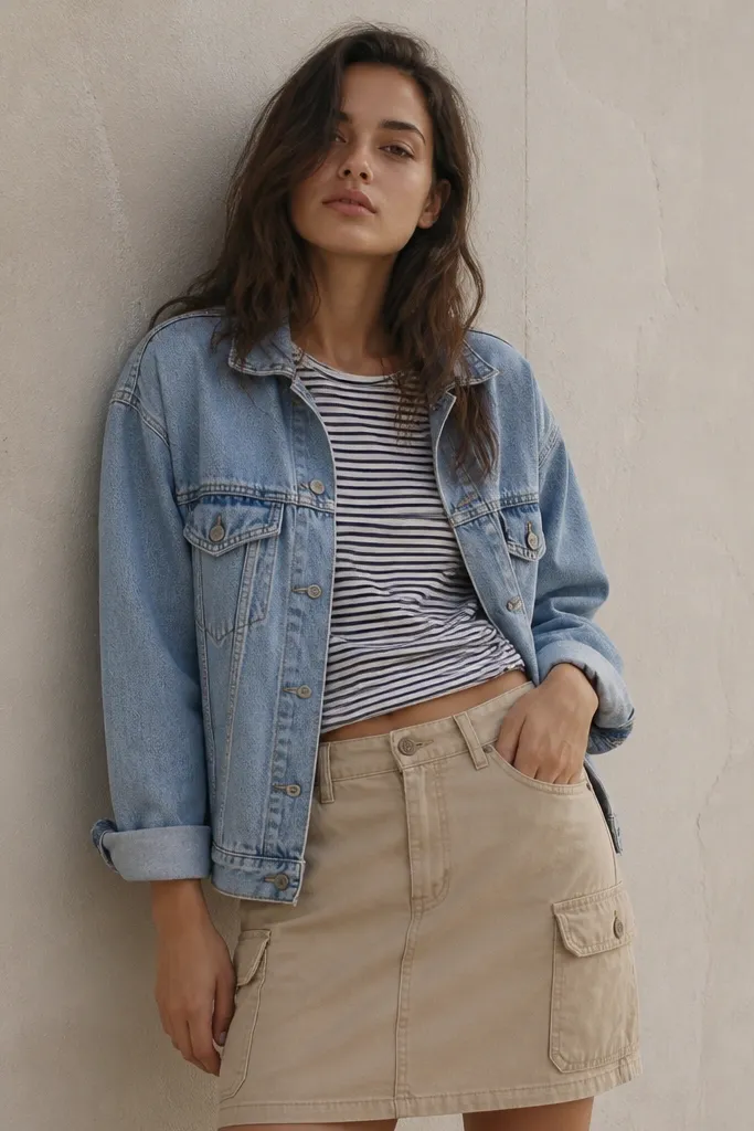 A light blue denim jacket over a striped tee with a beige cargo skirt; the sleeves are slightly rolled and the hem of the tee shows above the waistband.