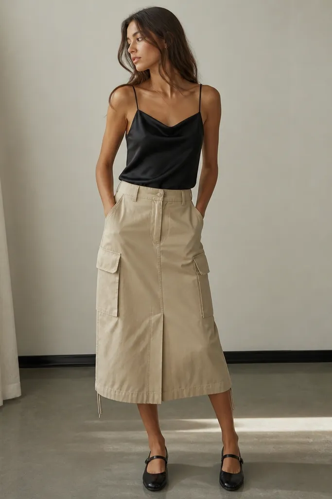 A black satin camisole worn under a beige cargo skirt, paired with black Mary Janes; the satin catches light slightly and the skirt pockets are visible.