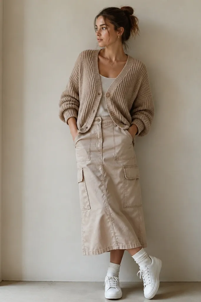 A beige or taupe chunky cardigan over a top, worn with a beige cargo skirt and white low-top sneakers; socks peek above the shoe.