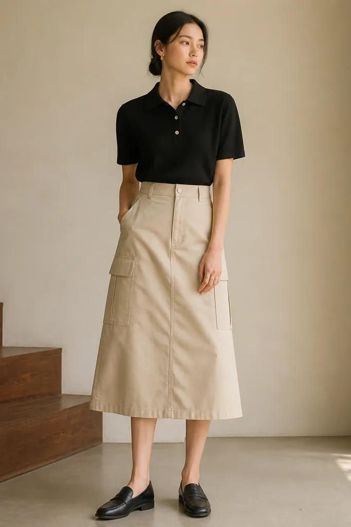 A black knit polo shirt tucked into a beige cargo skirt with loafers; the look is neat with a clean collar and minimal accessories.