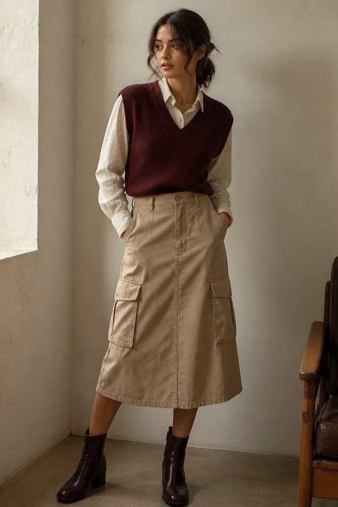 A burgundy sweater vest over a light shirt, tucked into a beige cargo skirt with dark ankle boots; the layering is visible at the neckline.