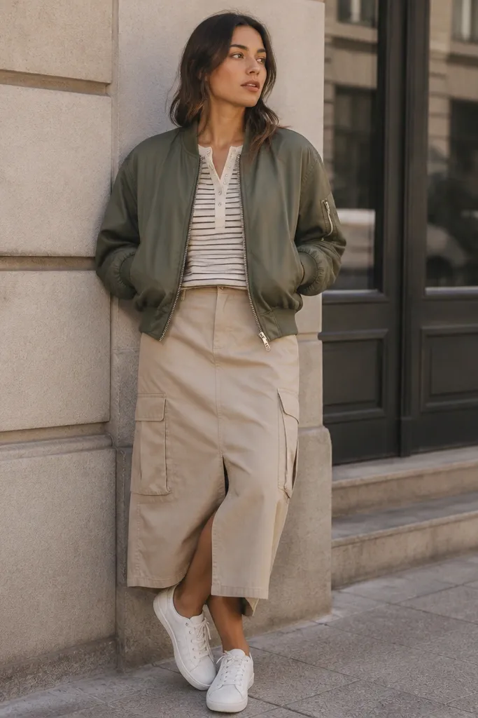 A striped henley shirt worn with a beige cargo skirt and an olive bomber jacket; the bomber is zipped partway and the sneakers are white.