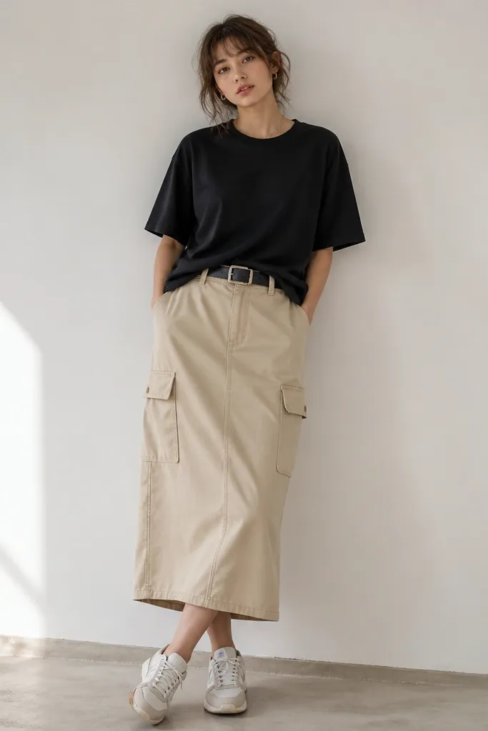 A beige cargo skirt worn with a black oversized T-shirt tucked at the front and belted at the waist; sneakers complete the casual look.