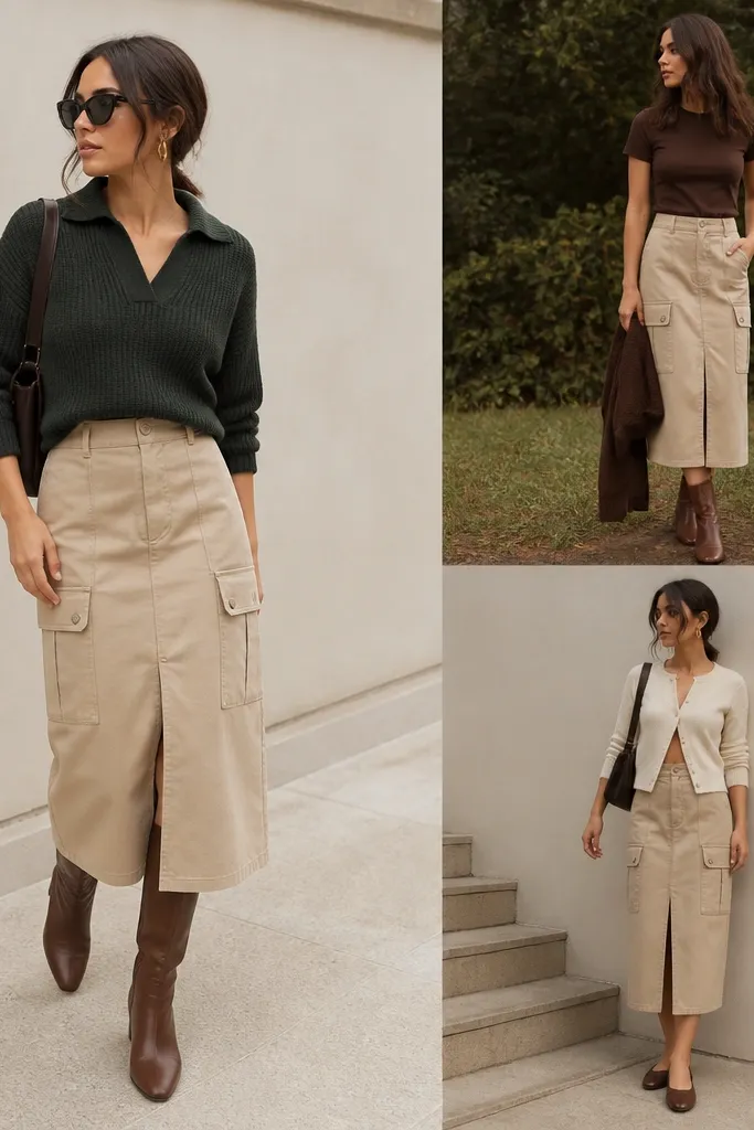 Seasonal evergreen beige cargo skirt outfit ideas