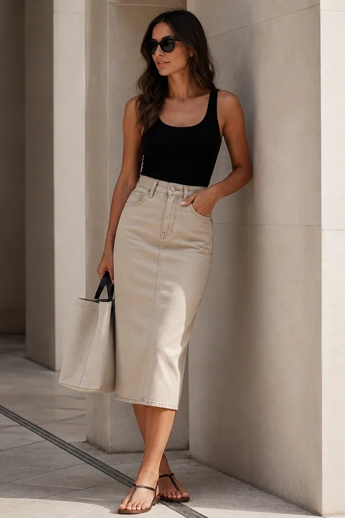 A beige denim pencil skirt reaching just below the knee. The person wears a black fitted tank tucked into the skirt and carries a structured canvas tote in natural color. Black sunglasses and flat sandals are visible.