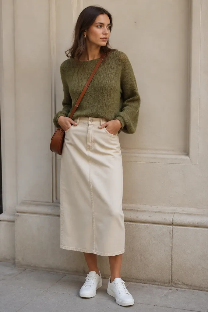 A beige denim skirt that falls around the mid-calf. The person wears an olive knit sweater with a soft drape and slightly cropped hem. White sneakers and a crossbody bag are visible.