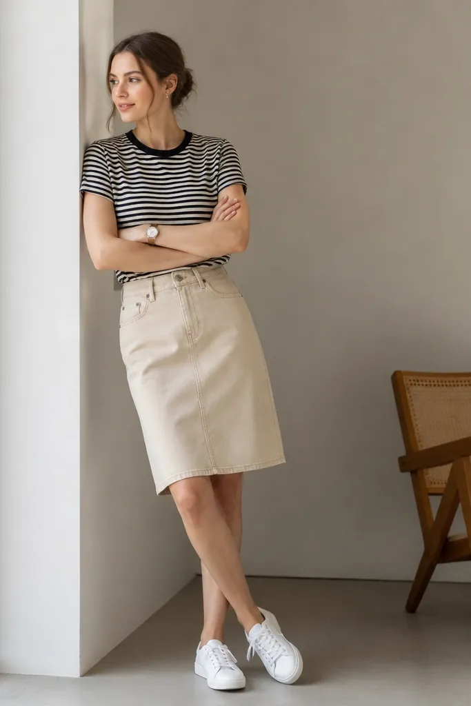 A person wears a black-and-cream striped tee tucked into a beige denim skirt. The skirt falls around the knee. White sneakers and a simple watch are in frame.