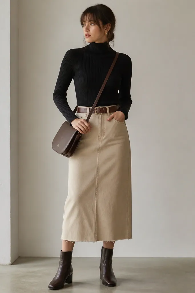 A black ribbed turtleneck tucked into a beige denim midi skirt. A brown leather belt cinches the waist. The person wears dark ankle boots and a structured crossbody bag.