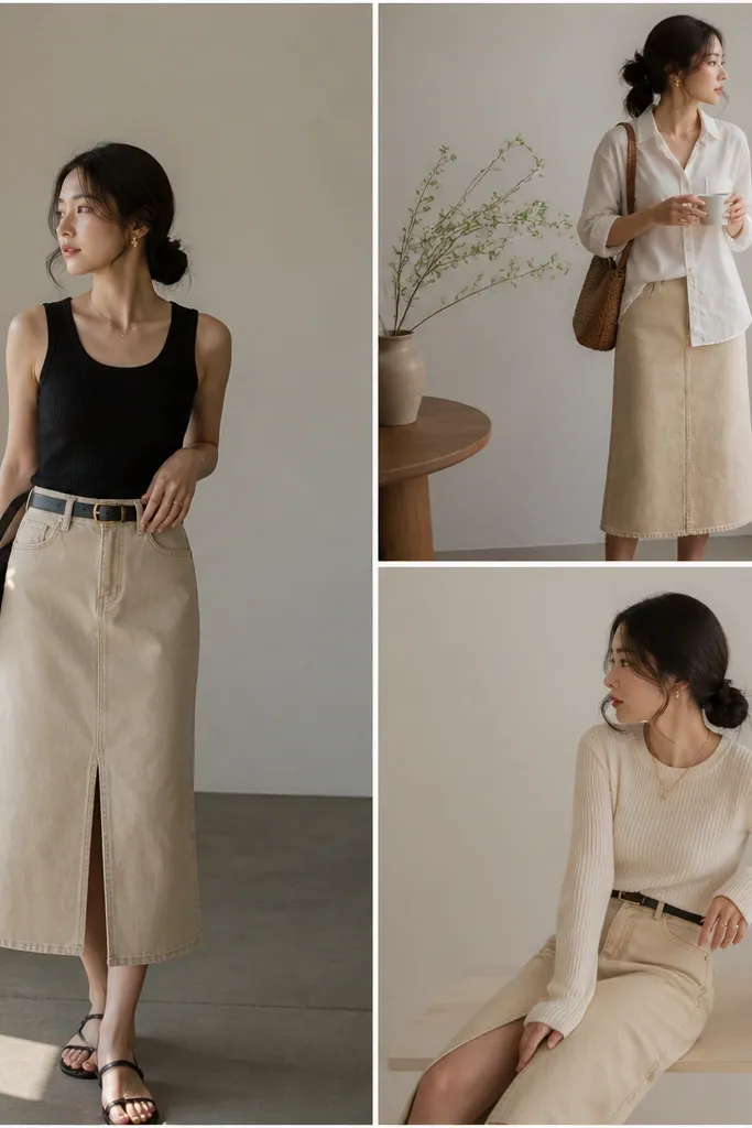 Renter-friendly beige denim skirt outfit ideas