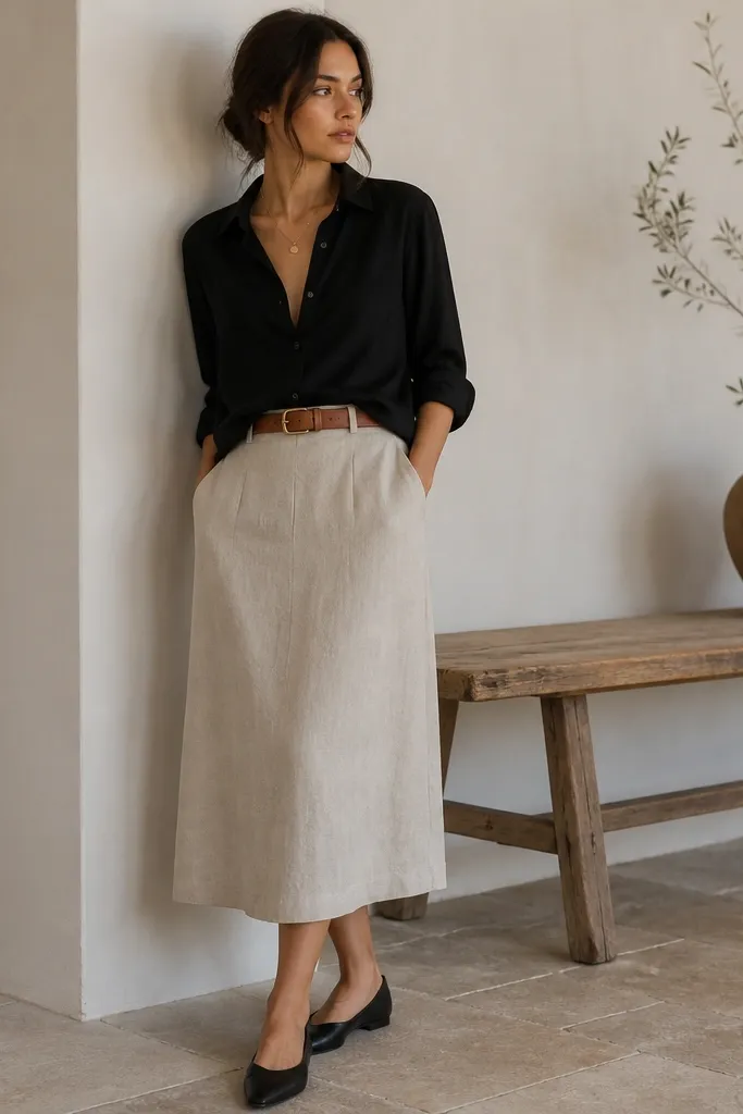 A black lightweight button-down is tucked at the front into a beige linen midi skirt. A cognac leather belt and minimal gold necklace are visible; black leather flats complete the outfit.