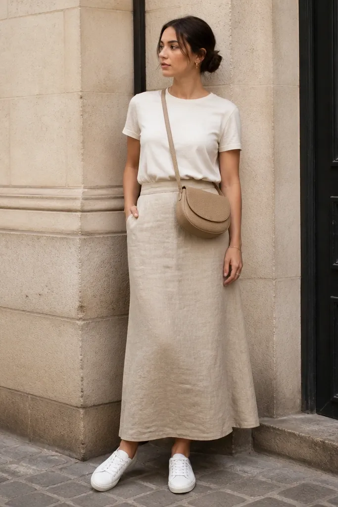 A cream crewneck tee tucked into a beige linen skirt with white low-top sneakers. A crossbody bag in light tan sits at the hip; the photo shows a relaxed street style look.