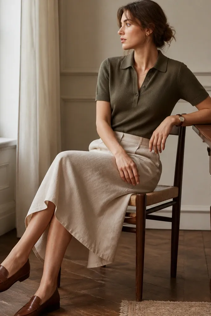 An olive knit polo shirt sits neatly over a beige linen skirt. Brown leather loafers and a simple leather watch are visible; the outfit is styled indoors near a window.