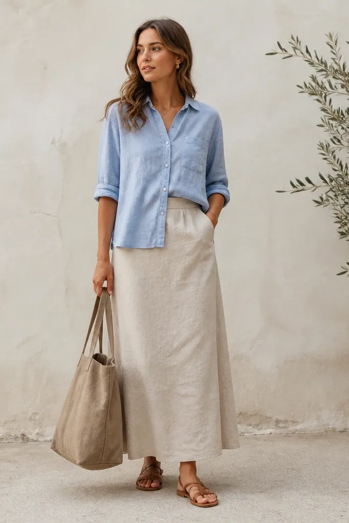 A light chambray button-down with rolled sleeves is worn half-tucked over a beige linen skirt. A tan canvas tote and simple tan leather sandals appear in the frame.