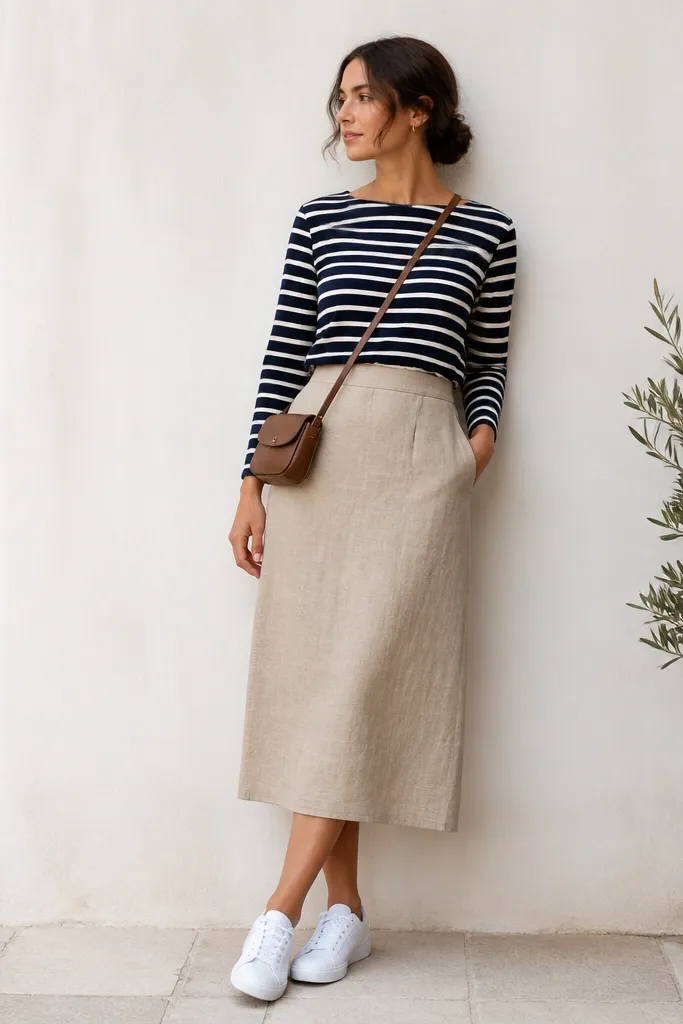 A navy and cream striped long-sleeve top is tucked into a beige linen skirt. White sneakers and a small crossbody bag sit at the hip; the photo shows crisp lines against linen texture.