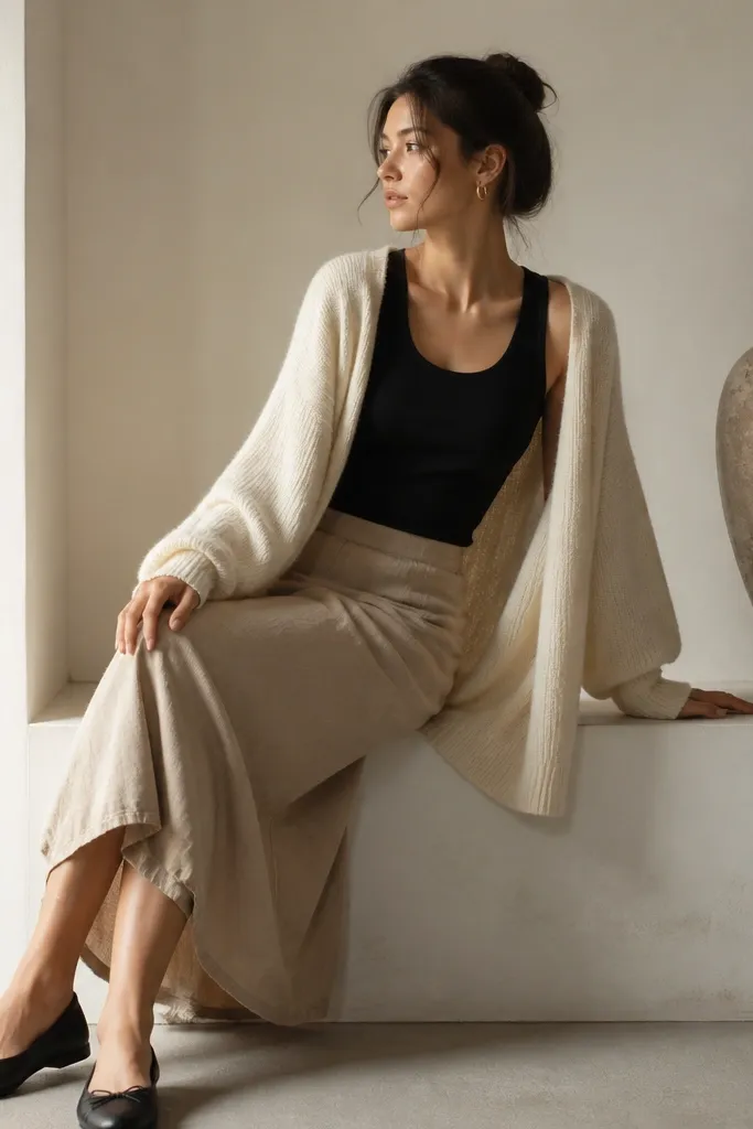 A black fitted tank under a cream oversized cardigan worn open, with a beige linen skirt. The shoes are black flats; a small gold hoop pair is visible.