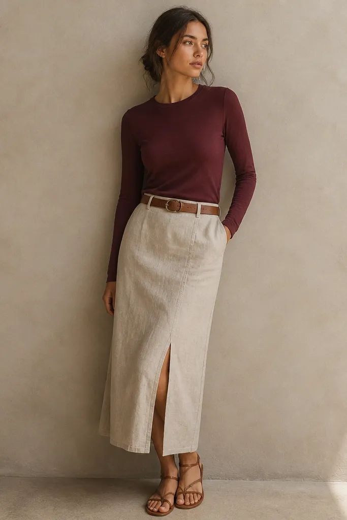 A burgundy fitted long-sleeve tee tucked into a beige linen skirt. Cognac strappy sandals and a leather belt are visible; the background is a neutral wall.