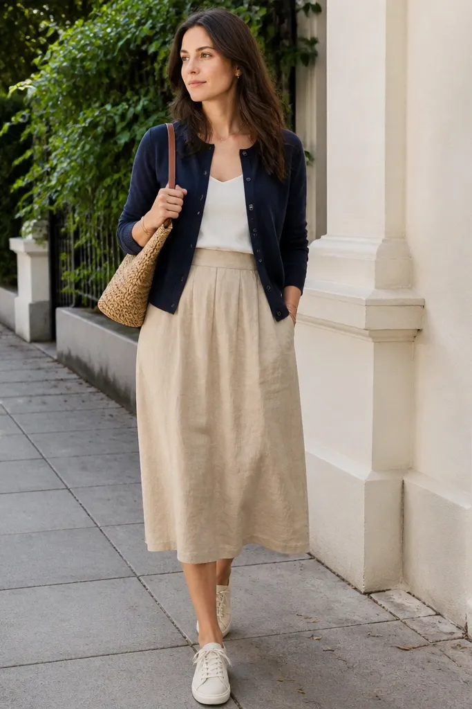 A navy cardigan worn over a light top, paired with a beige linen skirt and cream sneakers. The outfit is photographed on a sidewalk with natural light.