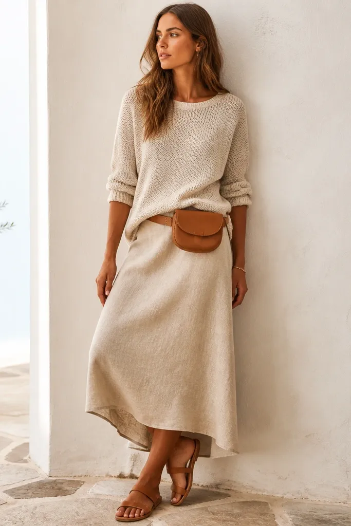 An oatmeal knit top is worn with a beige linen skirt. A tan belt bag sits at the hip, and tan leather sandals complete the outfit.