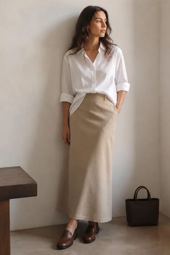 A beige long skirt with a white button-down shirt tucked at the front only. The sleeves are rolled once. Brown loafers and a structured mini tote sit at the side.