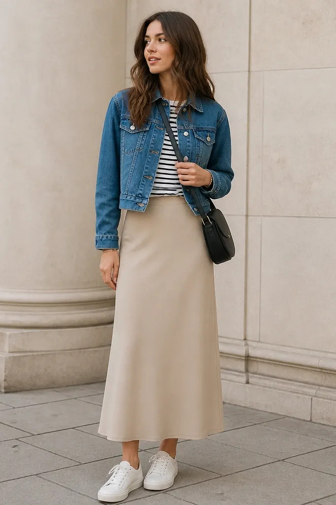 A beige long skirt under a cropped blue denim jacket. A navy-and-white striped tee sits slightly tucked. White sneakers with a low profile and a crossbody bag are shown.