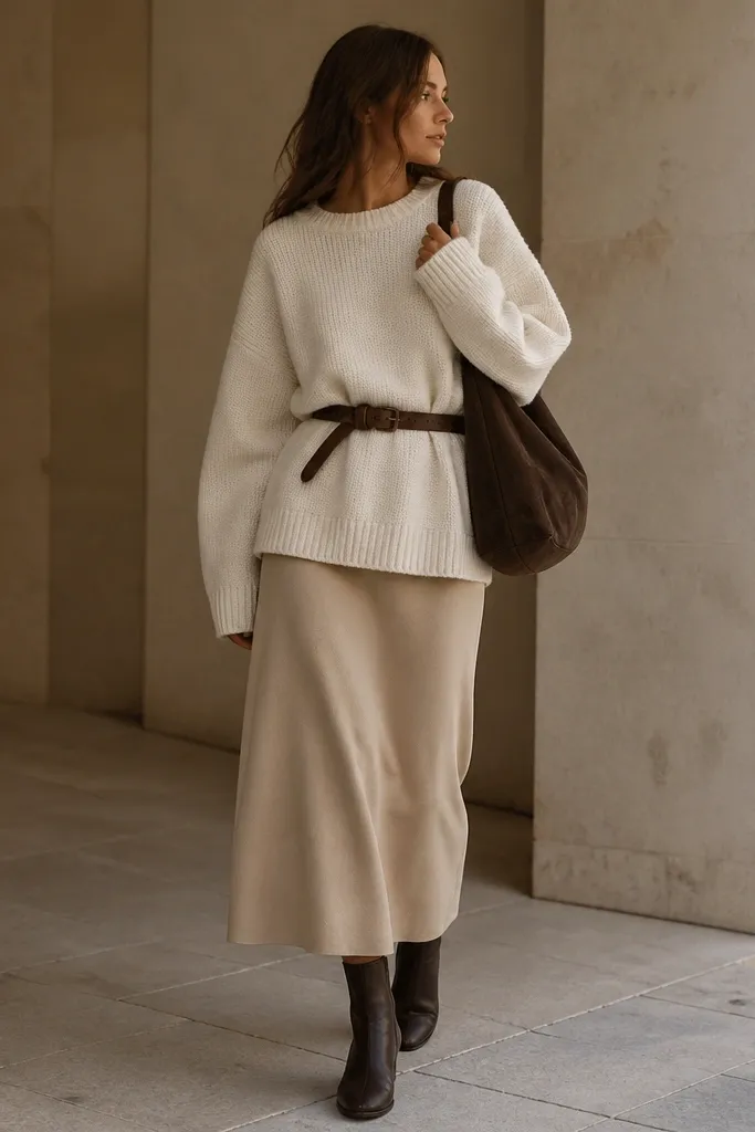 A beige long skirt with an off-white oversized knit sweater worn untucked. A brown belt cinches the sweater at the waist. Dark ankle boots and a slouchy bag are shown.