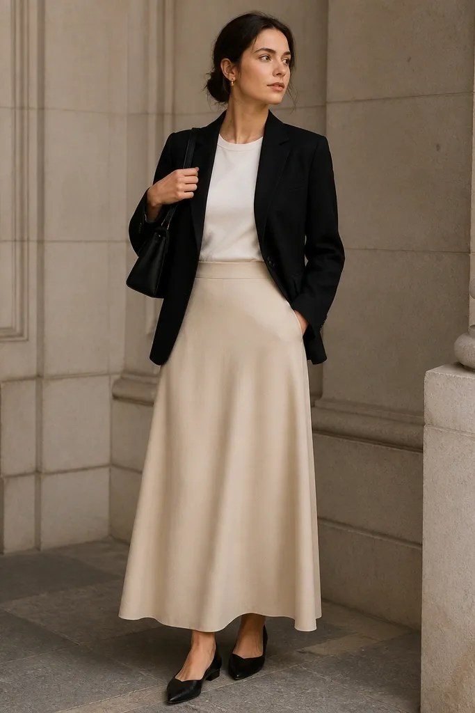 A beige long skirt with a black tailored blazer over a cream crew-neck tee. Pointed-toe flats and a structured shoulder bag are visible.
