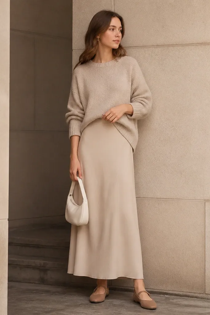 A beige long skirt paired with an oatmeal knit top in a slightly different beige shade. The outfit looks tonal, with a small cream bag and tan flats.