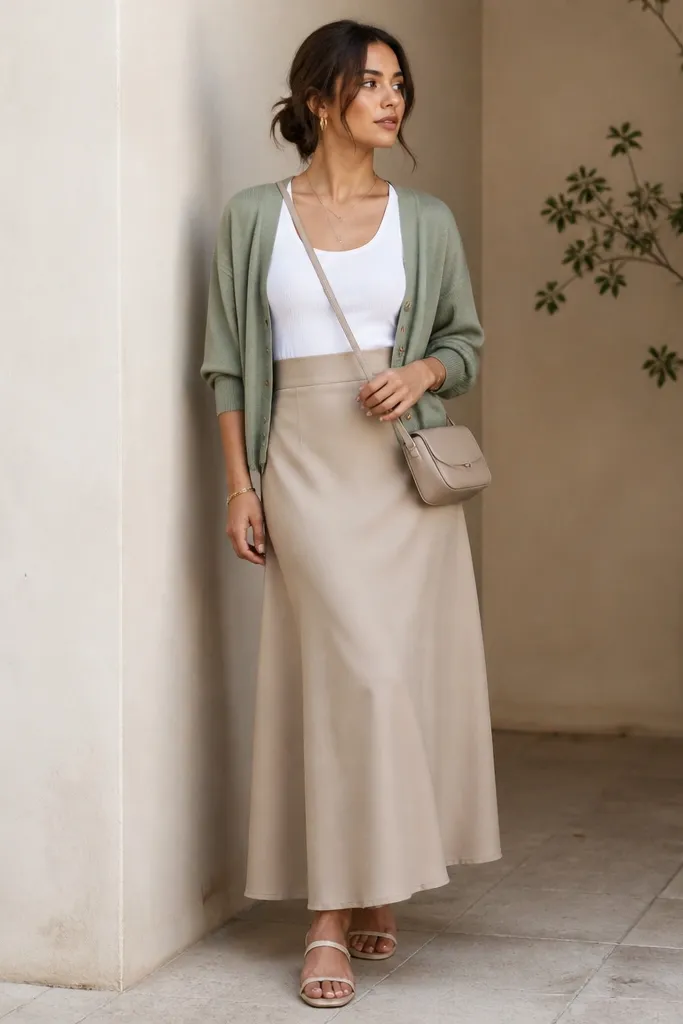 A beige long skirt with a sage green cardigan draped over a white tank. Strappy sandals and a small crossbody are shown.