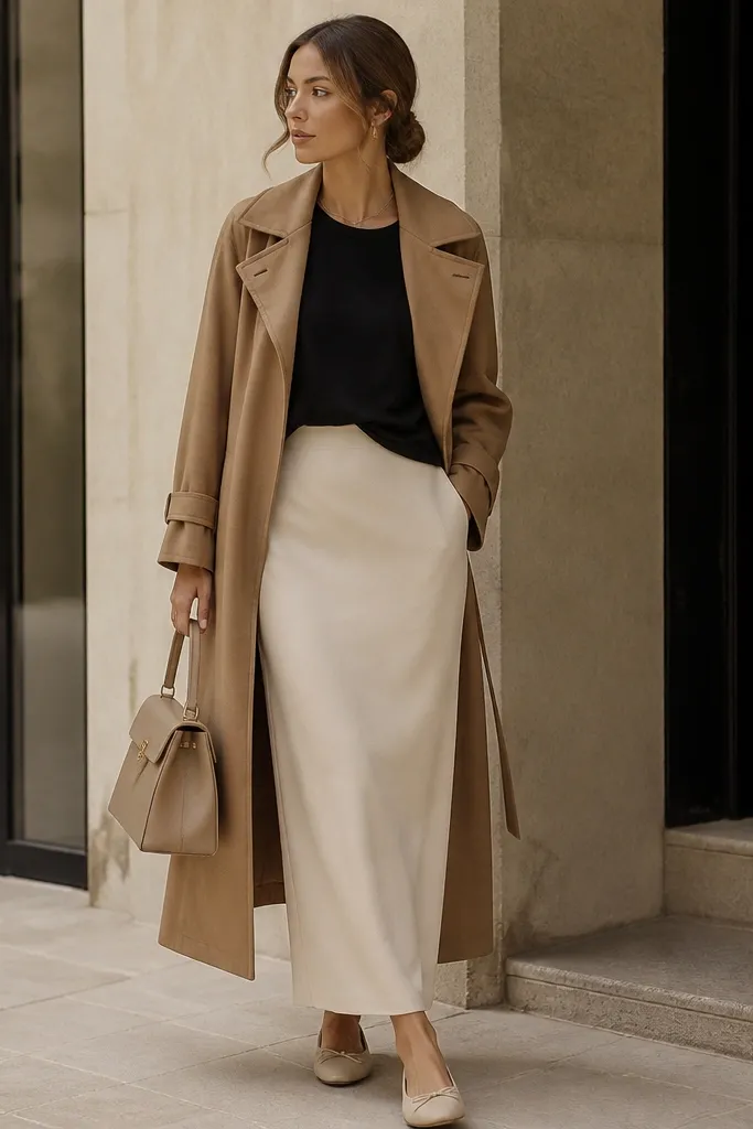 A beige long skirt under a camel trench coat. A black tee is tucked at the front. Nude flats and a structured handbag are shown.