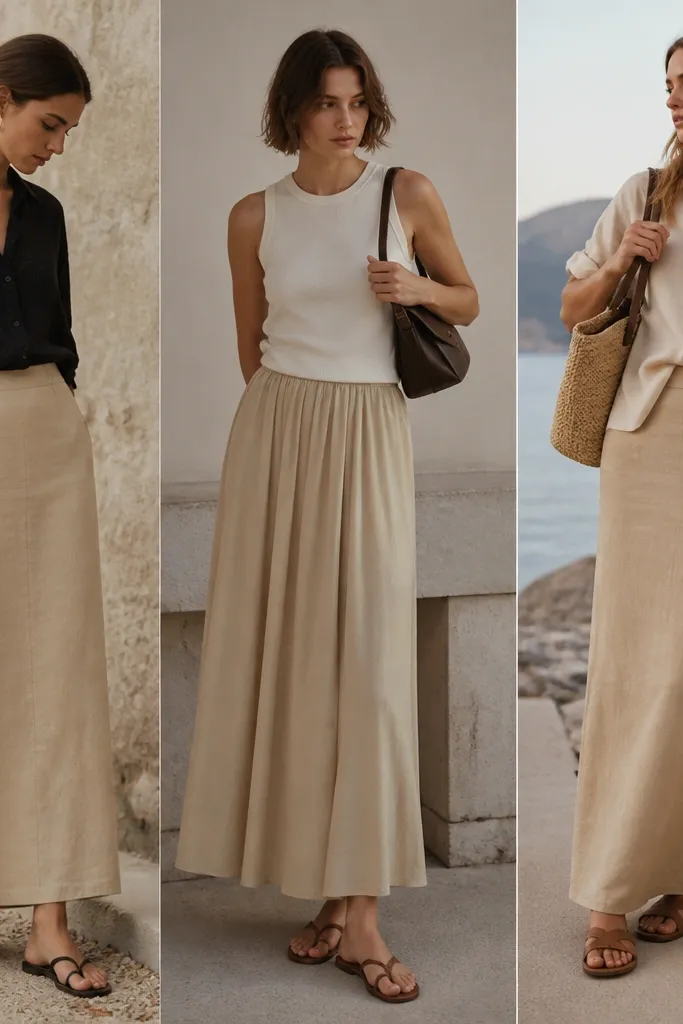 Low maintenance beige long skirt outfit formulas