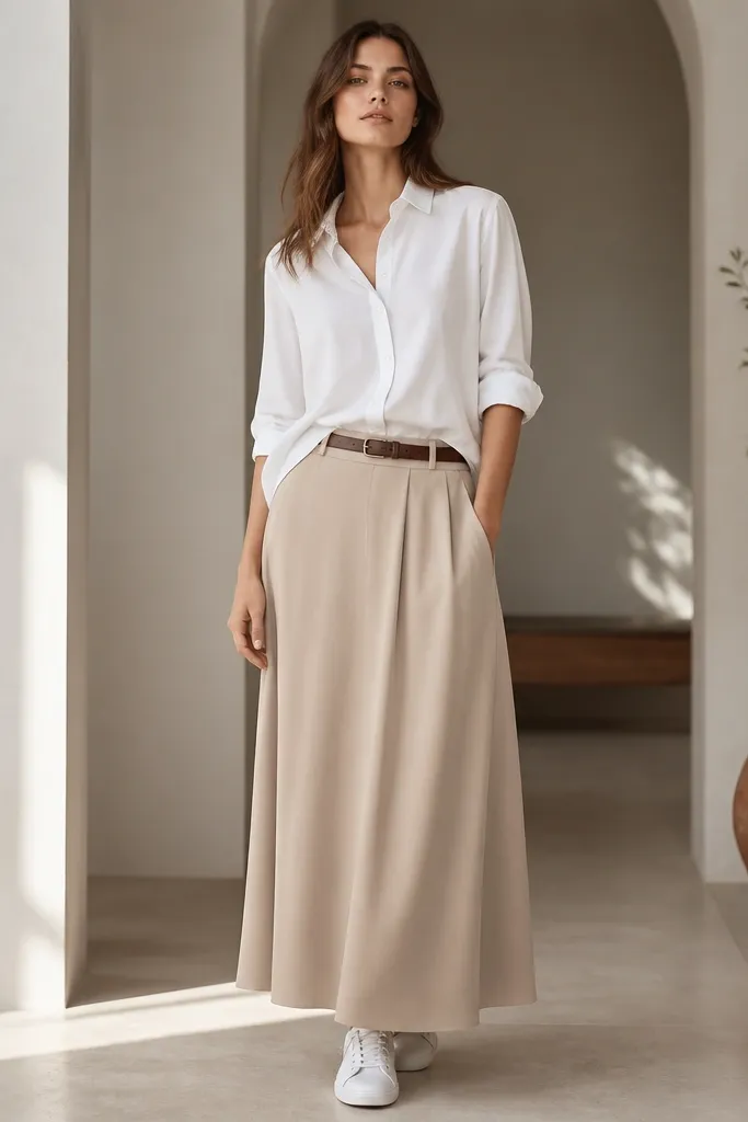 A cool oat beige long skirt with a soft matte finish. A white button-down is worn with the hem half-tucked, sleeves rolled to mid-forearm. Clean white low-top sneakers and a simple leather belt are visible.