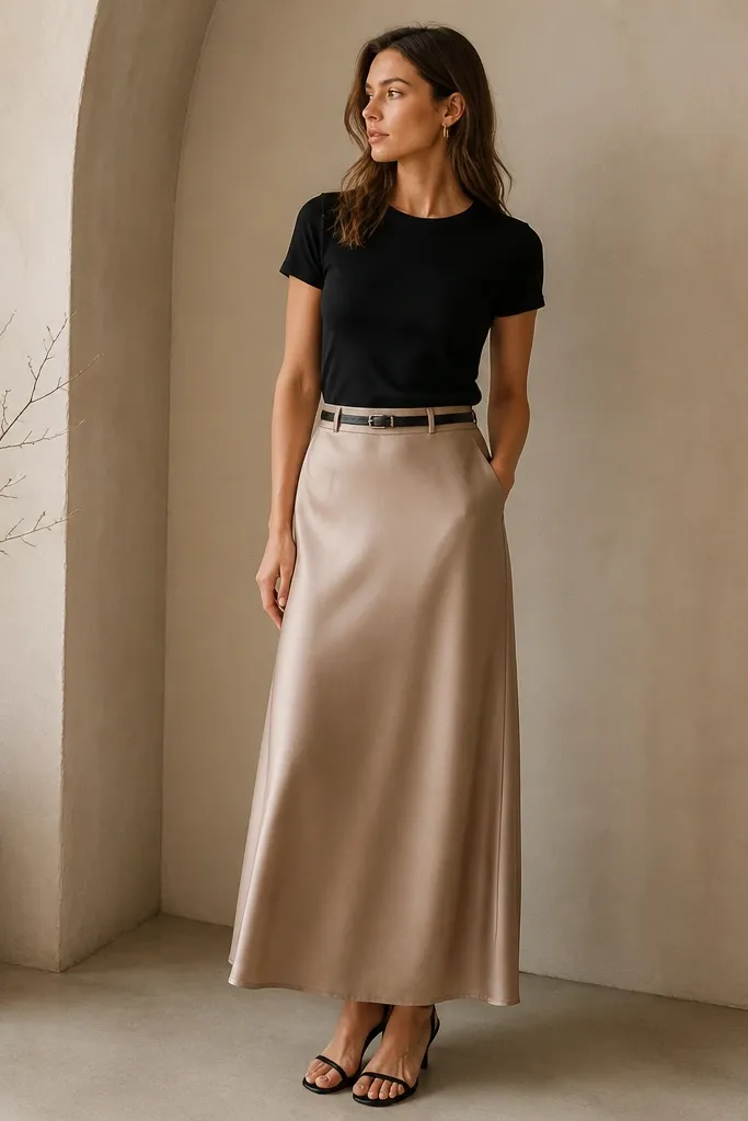 A mushroom-toned beige long skirt with a subtle sheen. A black fitted short-sleeve tee is tucked neatly. Black strappy heeled sandals and a thin black belt are shown.