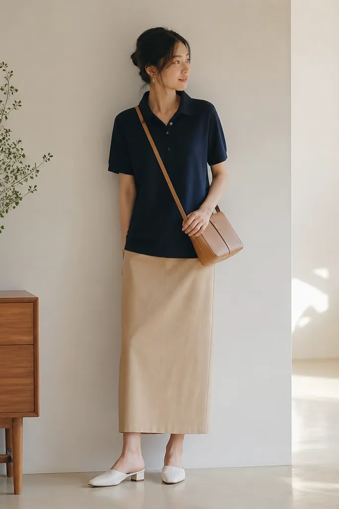 A warm beige long skirt with a straight silhouette. A navy polo shirt is worn untucked with the collar crisp. White low-heel mules and a tan crossbody bag are visible.