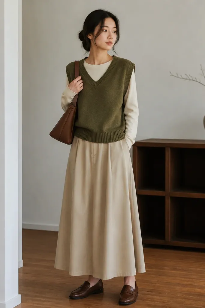 An olive knit sweater vest over a cream long-sleeve top. The beige long skirt falls to ankle length. Brown leather loafers and a medium brown shoulder bag are shown.