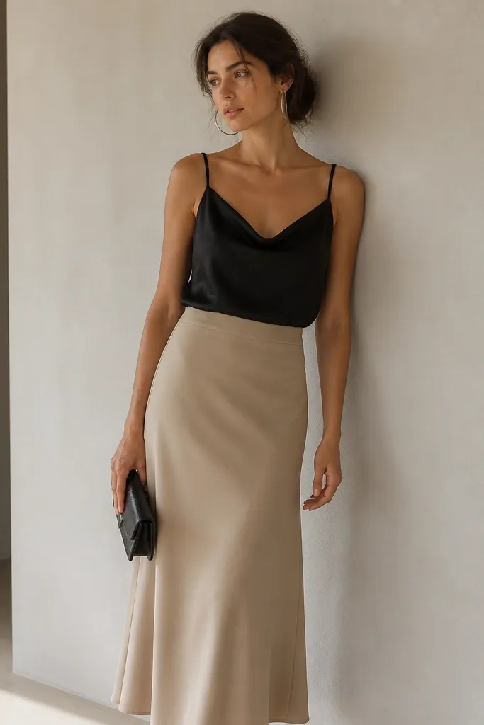 A cool oat beige long skirt with a smooth, matte surface. A black satin camisole is worn with thin straps. Silver hoop earrings and a small black clutch sit in the frame.
