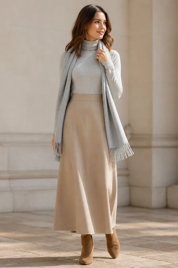 A light gray fitted turtleneck tucked into a beige long skirt. Camel suede ankle boots and a long scarf in soft gray are visible. The skirt hem lands around the ankle.