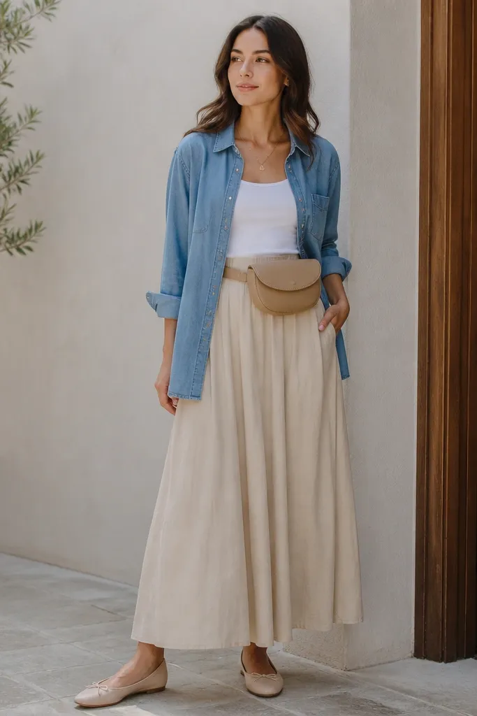A chambray blue button-up worn open over a white top. The beige long skirt is high-waisted and flowy. Nude ballet flats and a tan belt bag are shown.
