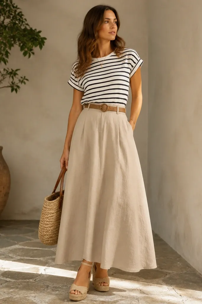 A beige long skirt with a light fabric texture. A black-and-white striped tee is tucked with a tan belt at the waist. Espadrille wedge sandals with jute trim are visible.