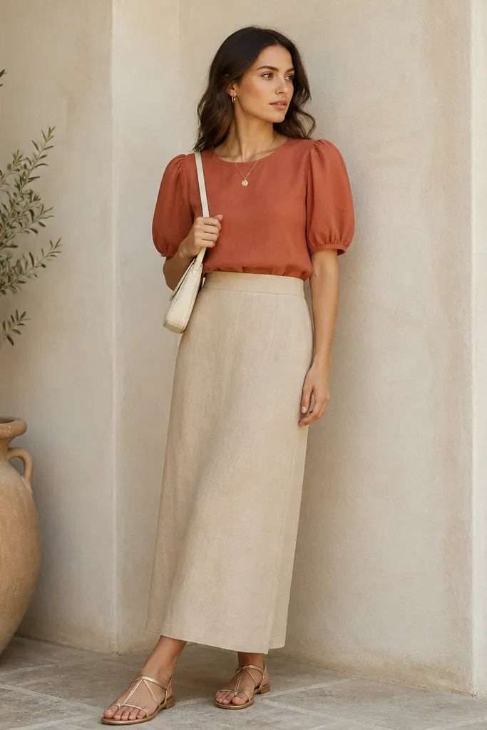 A terracotta blouse with subtle puff sleeves tucked into a beige long skirt. Gold flat sandals and a small cream shoulder bag are shown.