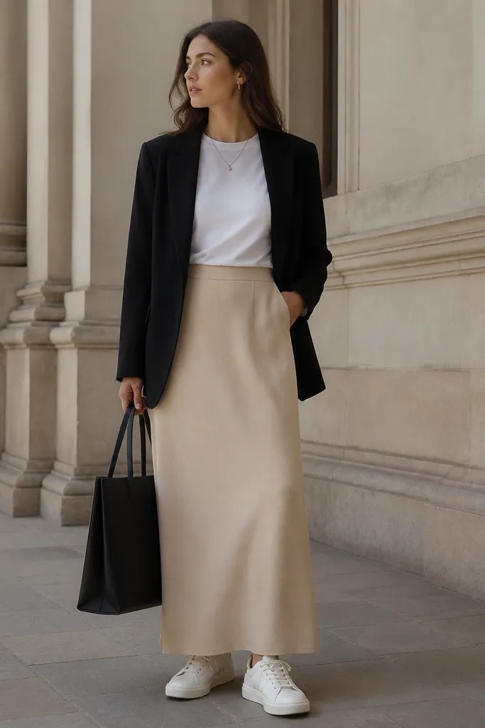 An oat beige long skirt paired with a plain white tee tucked into the waistband. A black blazer is worn open, and white sneakers are visible. Minimal jewelry and a structured tote complete it.