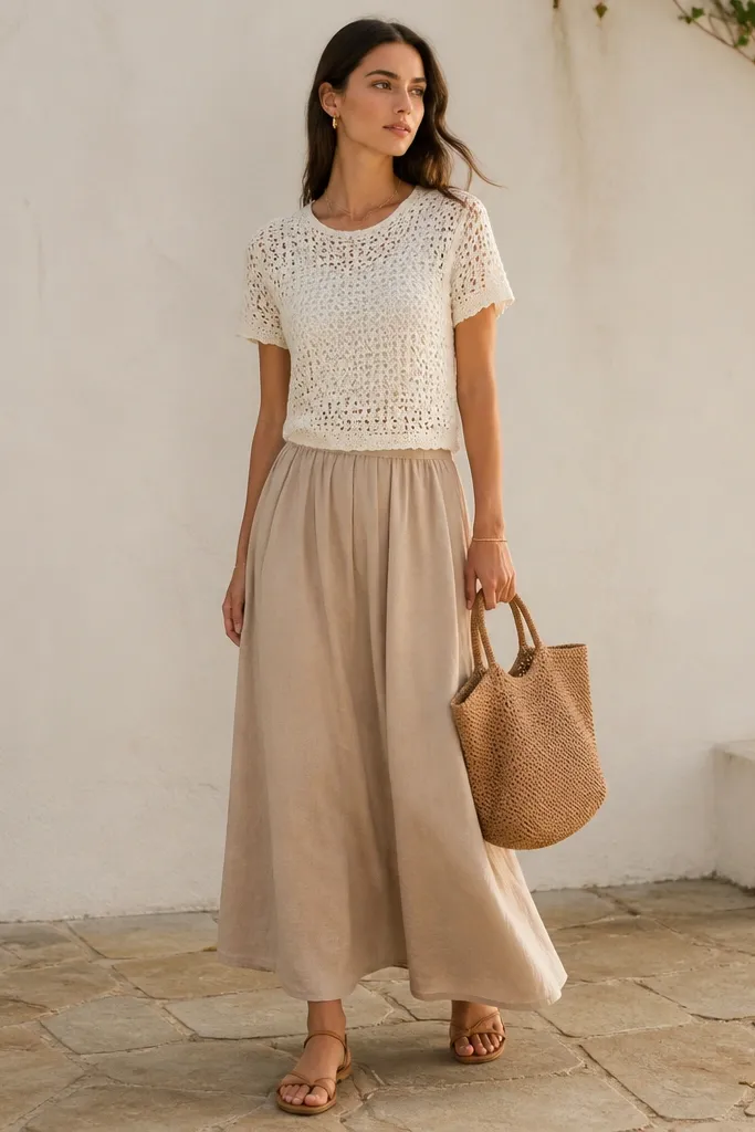 A white crochet top sits over a warm beige long skirt. The crochet has small open stitches, and a tan raffia bag is held at the side. The shoes are simple tan sandals.