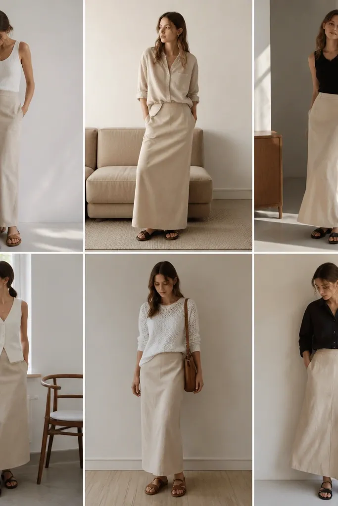 Quick and easy beige long skirt outfit ideas